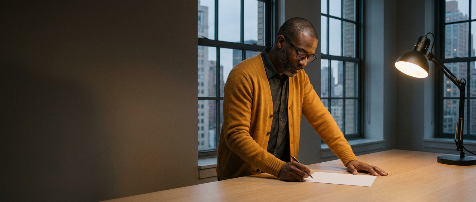 AI-generated image: In a studio office high above New York in the early evening, a man with a close-shaved head, a greying beard and glasses, in a saffron cardigan, leans over a pale-oak table, pen in hand, about to sign a single blank sheet. City towers fill the windows behind him and a desk lamp glows beside him.